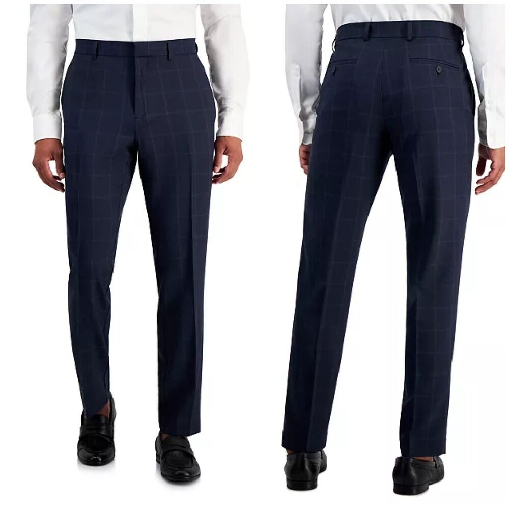 Perry Ellis Portfolio Mens Navy Blue Slim-Fit Windowpane Plaid Dress Pants 33x32